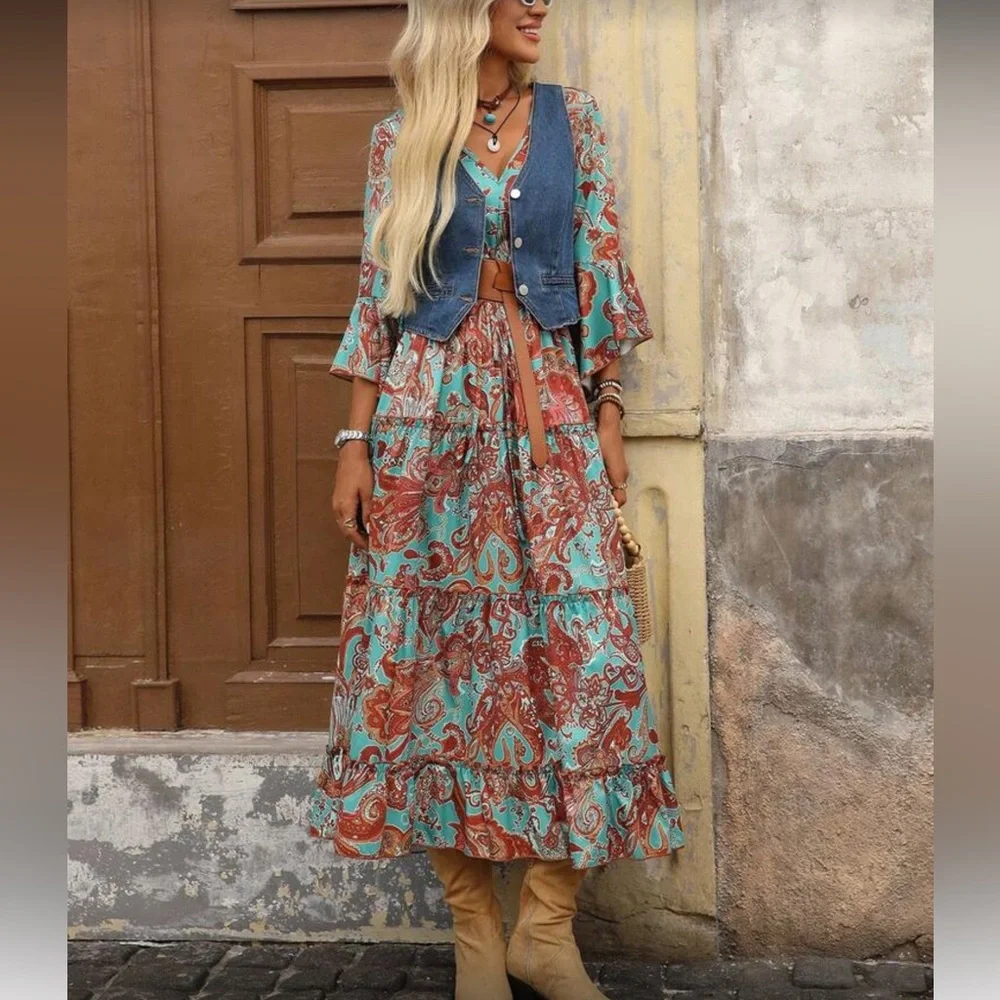 Boho floral paisley print maxi dress